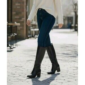 Anne Klein Black Knee-High Boots Zipper Sz 6 Block High Heel Vegan Classic Chic